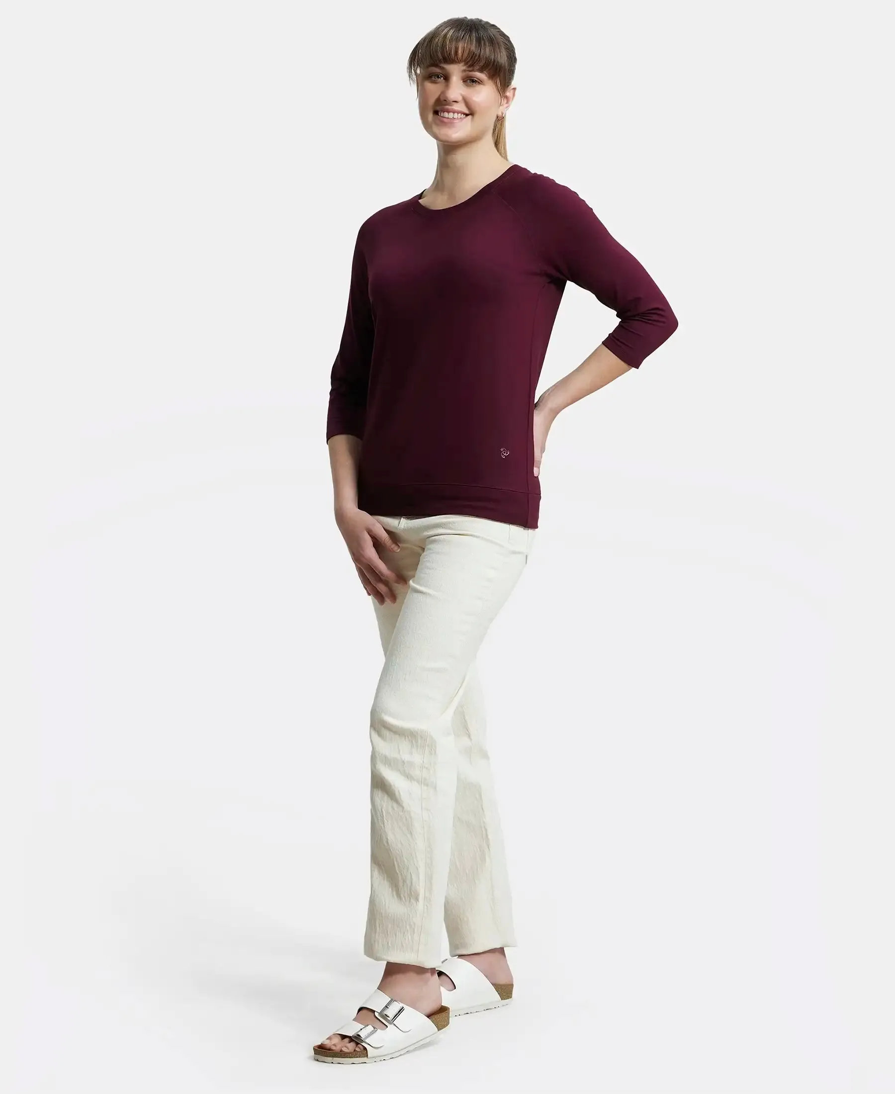 Super Combed Cotton Viscose Elastane Stretch Regular Fit Solid Round Neck Three Quarter Sleeve T-Shirt - Wine Tasting