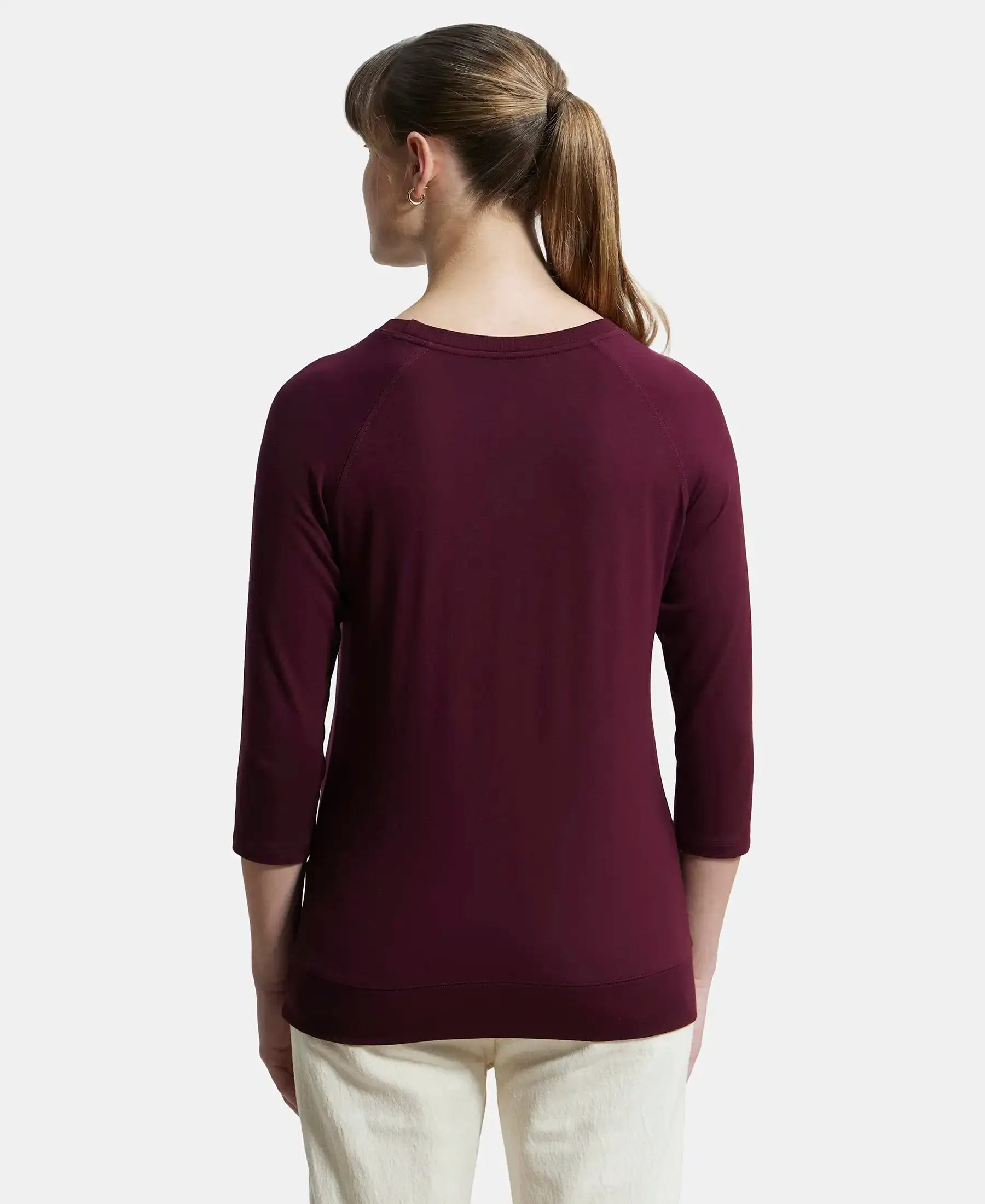Super Combed Cotton Viscose Elastane Stretch Regular Fit Solid Round Neck Three Quarter Sleeve T-Shirt - Wine Tasting