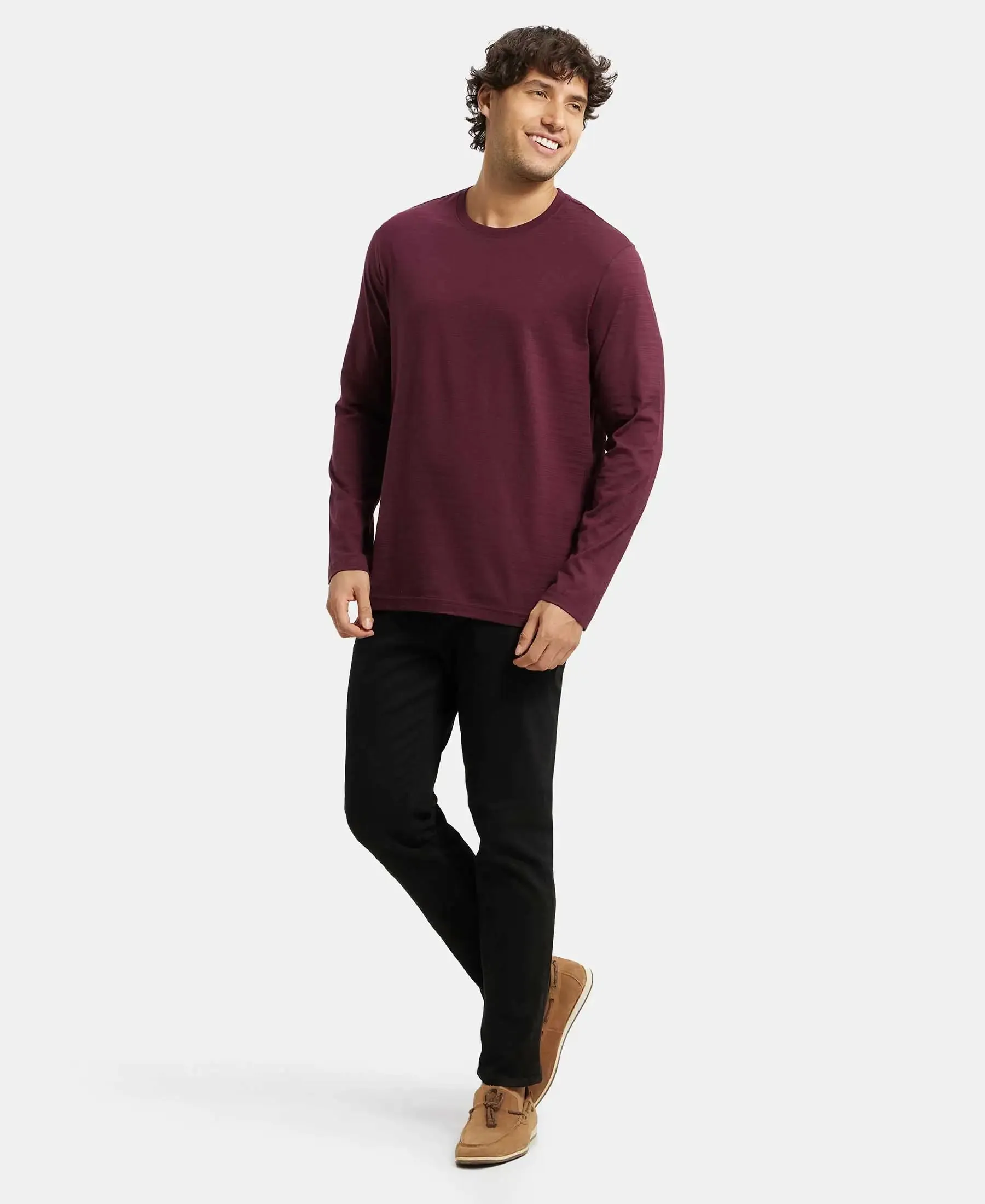 Super Combed Supima Cotton Solid Round Neck Full Sleeve T-Shirt - Wine Tasting