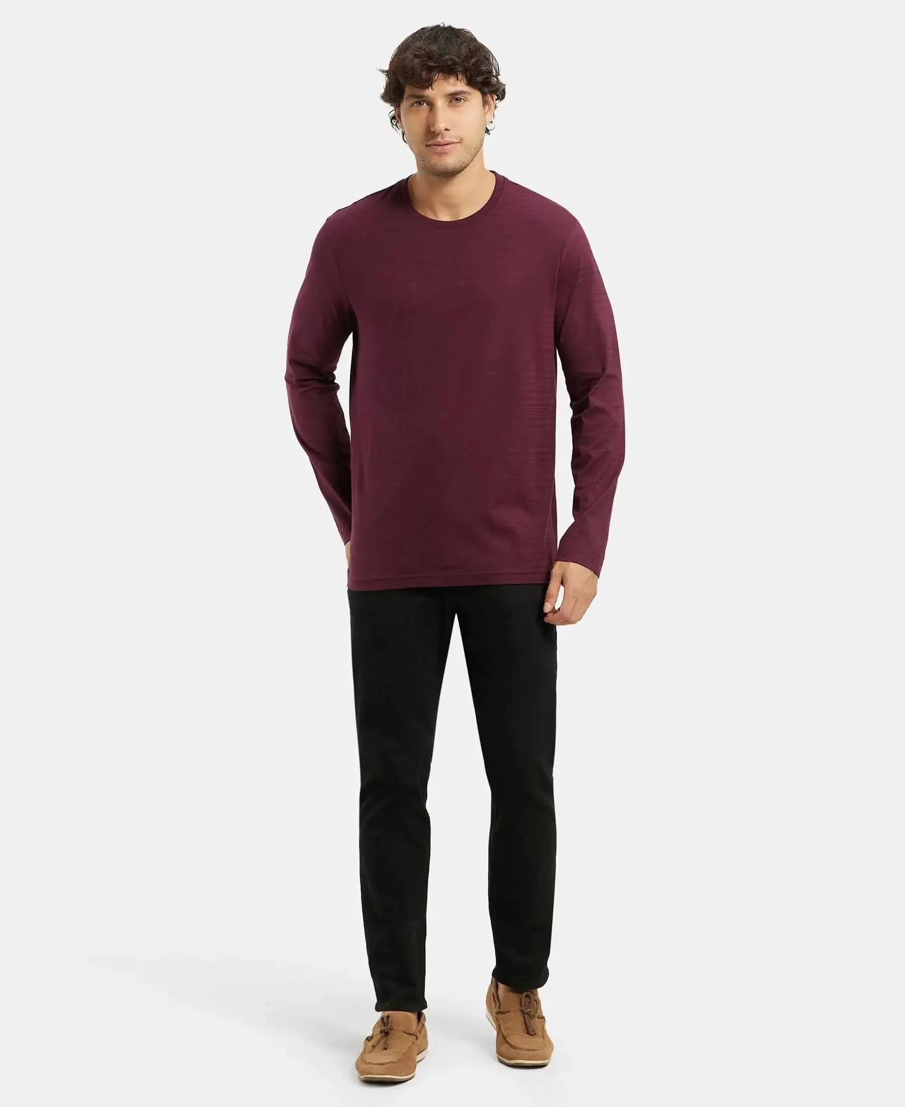 Super Combed Supima Cotton Solid Round Neck Full Sleeve T-Shirt - Wine Tasting