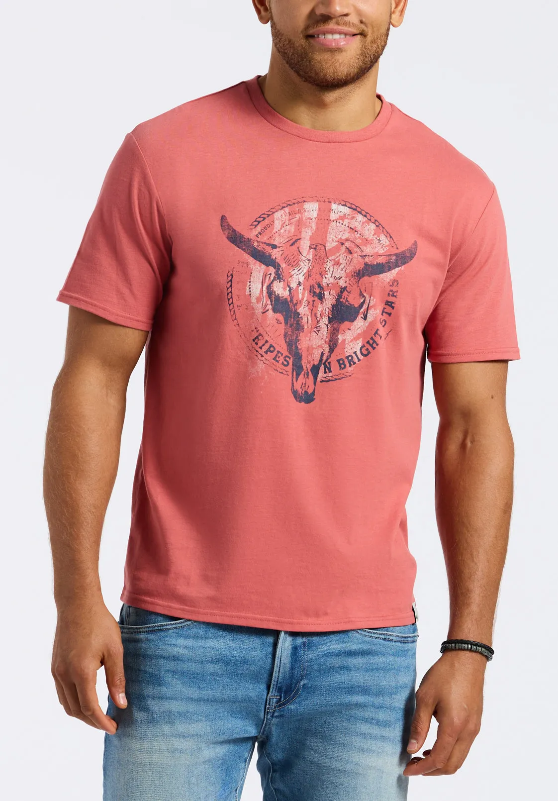 Tarz Men's Graphic T-Shirt with Bull Skull Motif, Miniral Red - BM24649