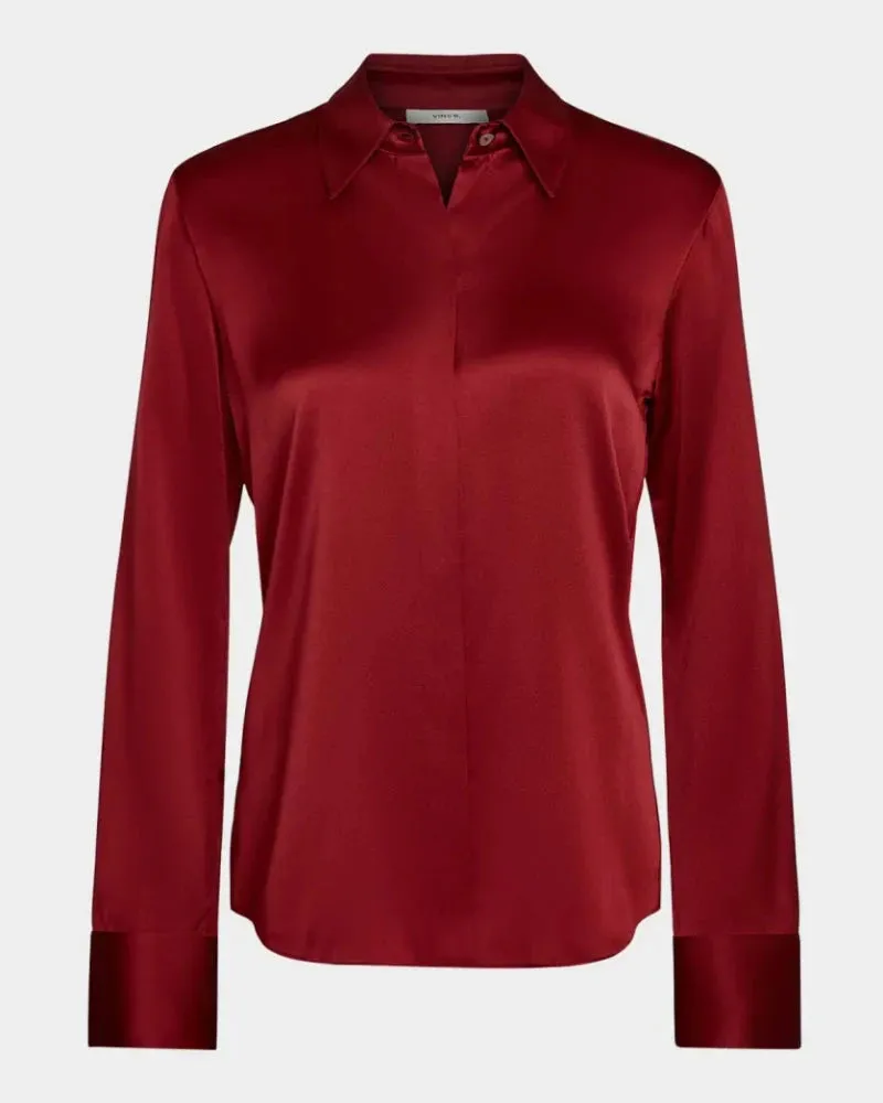 Vince. - Slim Fit Satin Shirt in Ruby Ink