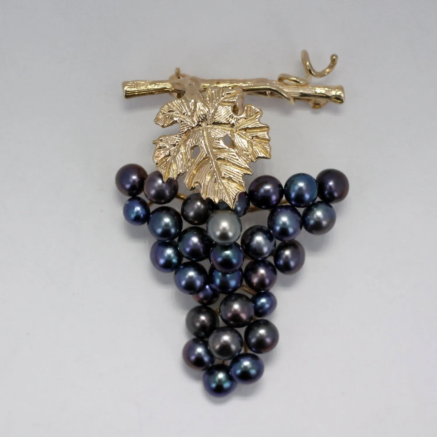 Vine 14kt Gold Black Pearl Grape Cluster Brooch / Pin