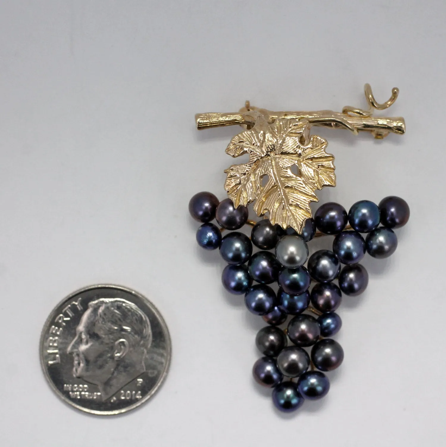 Vine 14kt Gold Black Pearl Grape Cluster Brooch / Pin