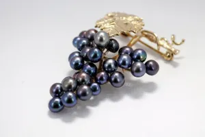Vine 14kt Gold Black Pearl Grape Cluster Brooch / Pin