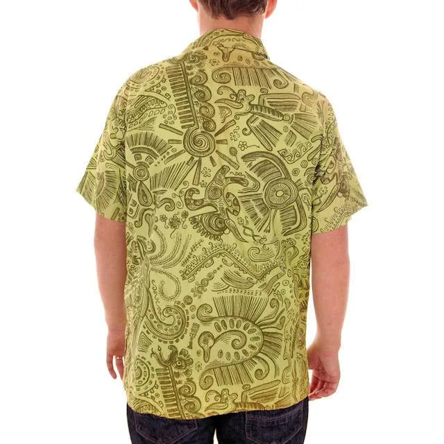Vintage Mens Shirt Hawaiian Style Tribal Print Green 1970s Med