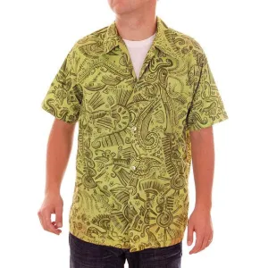 Vintage Mens Shirt Hawaiian Style Tribal Print Green 1970s Med