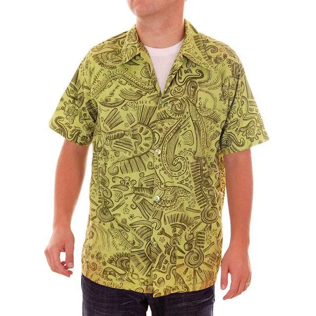 Vintage Mens Shirt Hawaiian Style Tribal Print Green 1970s Med