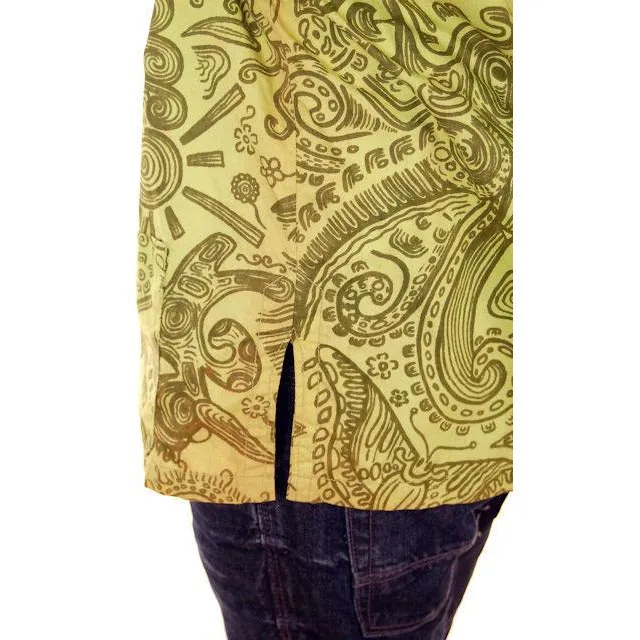 Vintage Mens Shirt Hawaiian Style Tribal Print Green 1970s Med