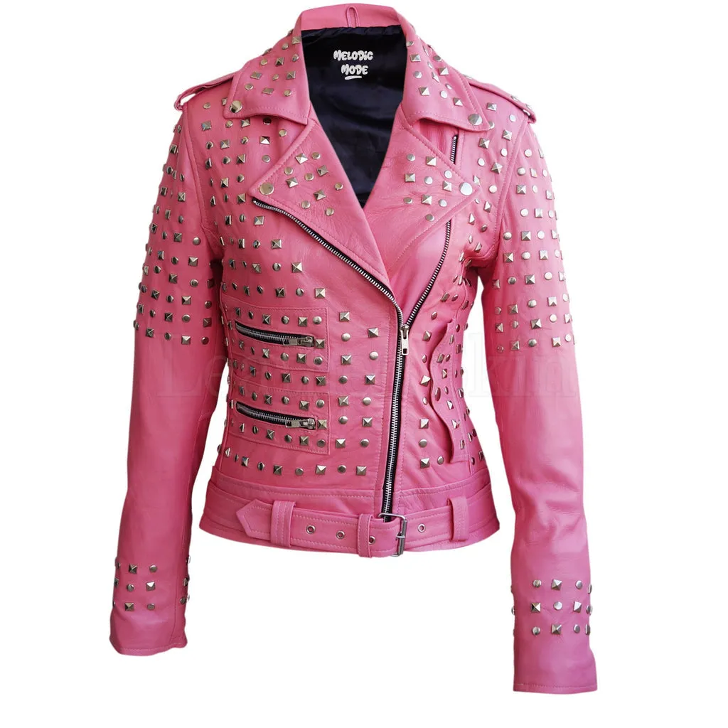 Women's Pink Studded Sheep Leather Jacket - Genuine Spiked Biker Leather Jacket, Gothic Punk Rock Style, Bold Fashion Statement Jackets