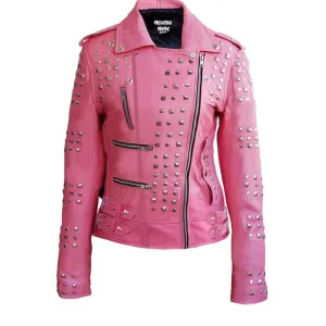 Women's Pink Studded Sheep Leather Jacket - Genuine Spiked Biker Leather Jacket, Gothic Punk Rock Style, Bold Fashion Statement Jackets