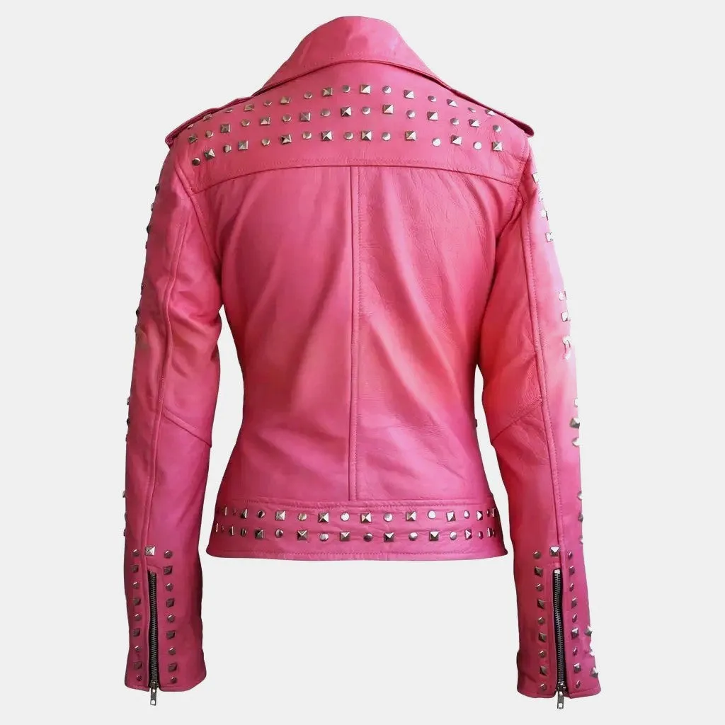 Women's Pink Studded Sheep Leather Jacket - Genuine Spiked Biker Leather Jacket, Gothic Punk Rock Style, Bold Fashion Statement Jackets