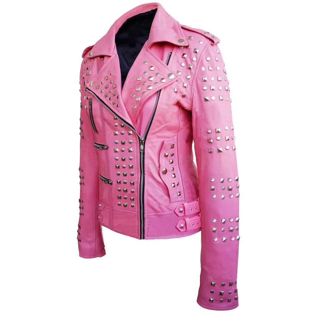 Women's Pink Studded Sheep Leather Jacket - Genuine Spiked Biker Leather Jacket, Gothic Punk Rock Style, Bold Fashion Statement Jackets