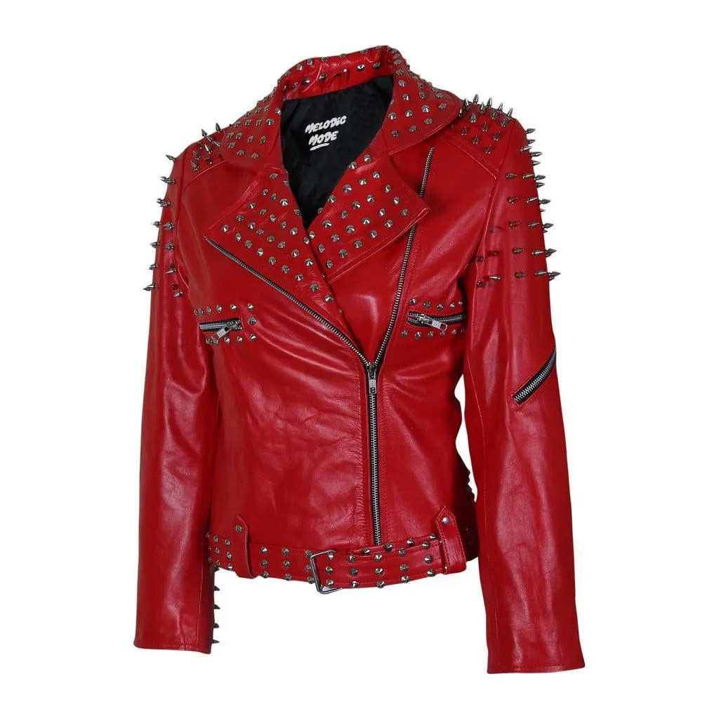 Women's Red Studded Sheep Leather Jacket - Genuine Spiked Biker Leather Jacket, Gothic Punk Rock Style, Bold Fashion Statement Jackets