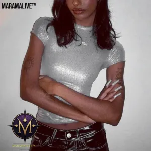 Women's Rock Punk Metallic T-shirt Round Neck Top