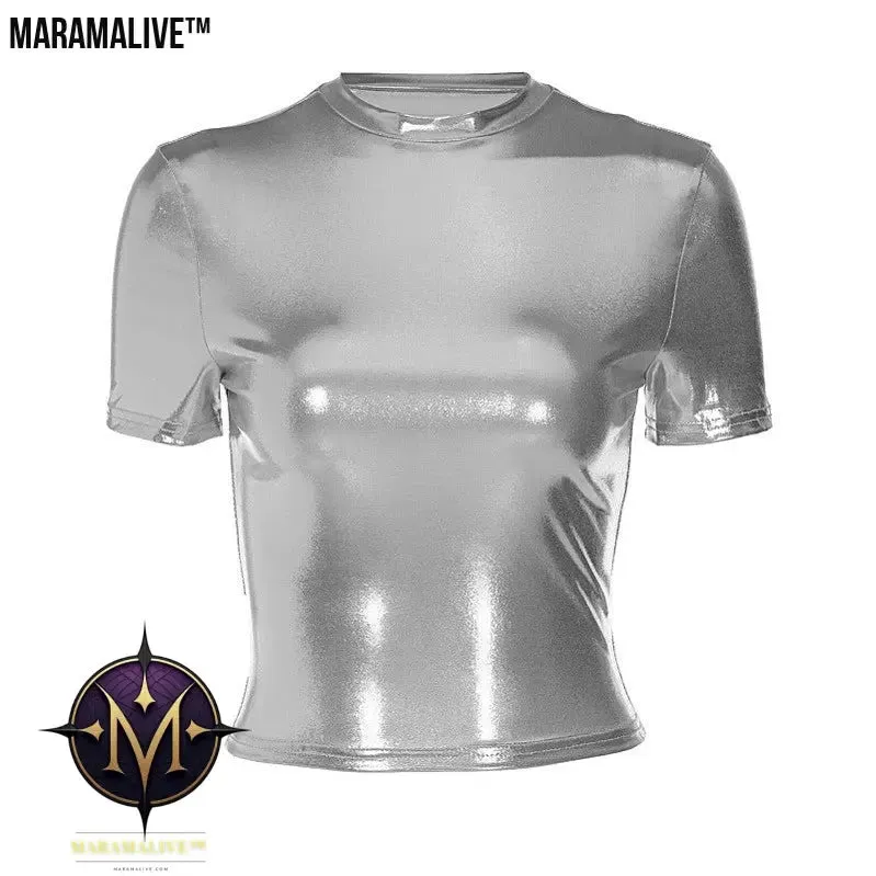 Women's Rock Punk Metallic T-shirt Round Neck Top