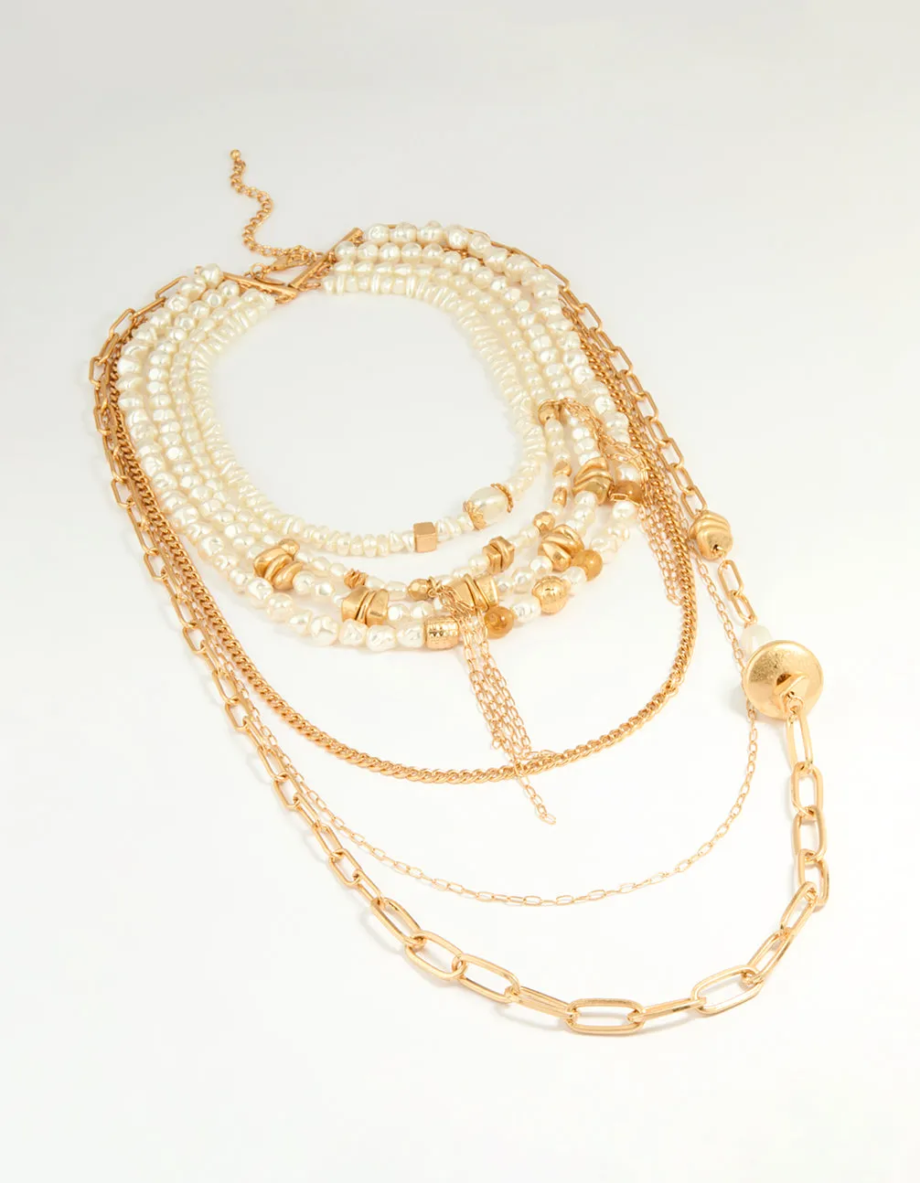 Worn Gold Pearl Layered Chain Necklace