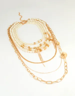 Worn Gold Pearl Layered Chain Necklace