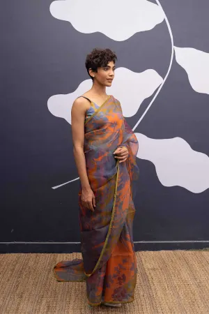 YAM   I   Segovia BORNEO ORANGE SAREE 1  (SAREE)  [BLOUSE STITCHED/ UNSTITCHED NOT INCLUDED] SILK ORGANZA MULTI YAMSR19